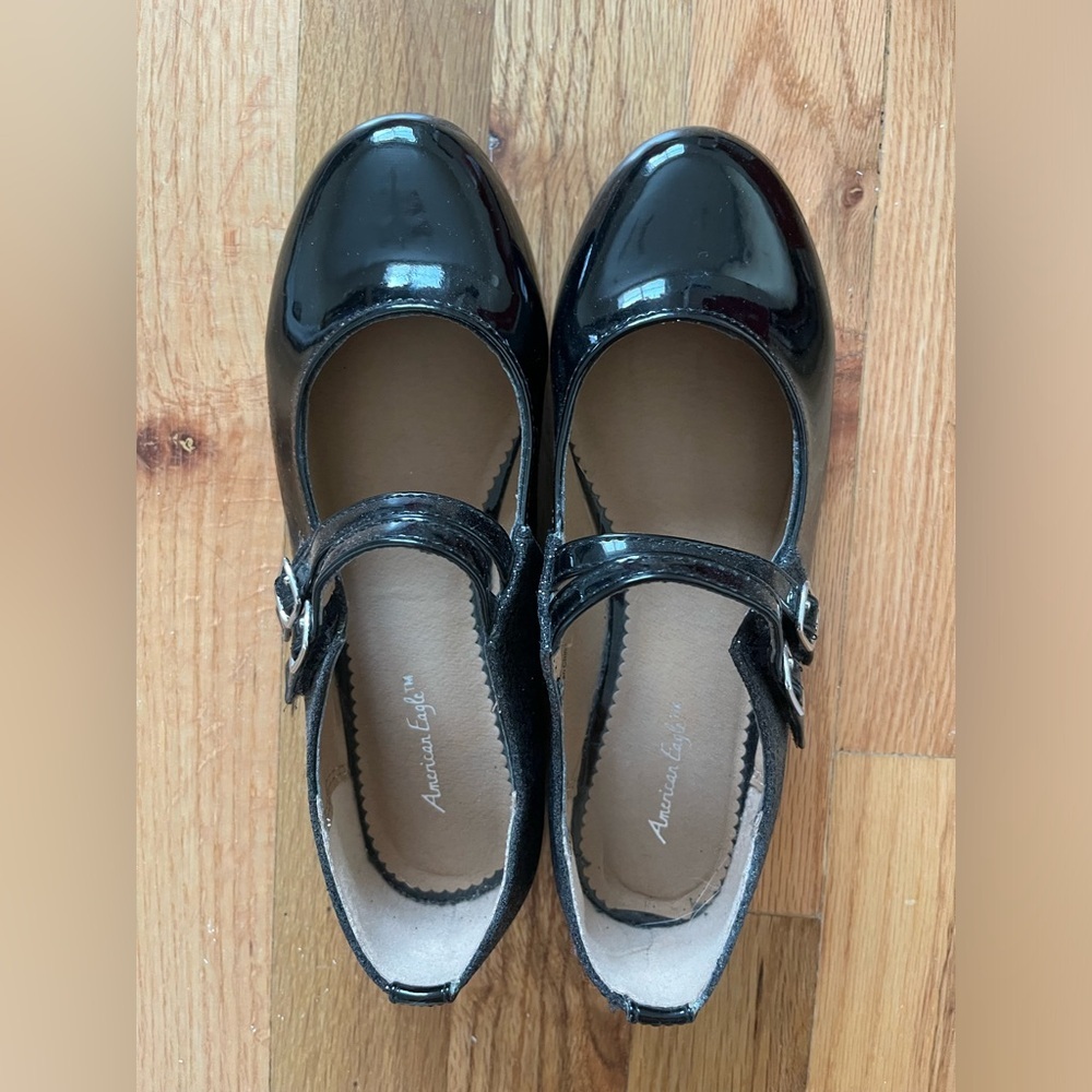 American eagle big girls black shiny glitter flat dress shoes US size 3
